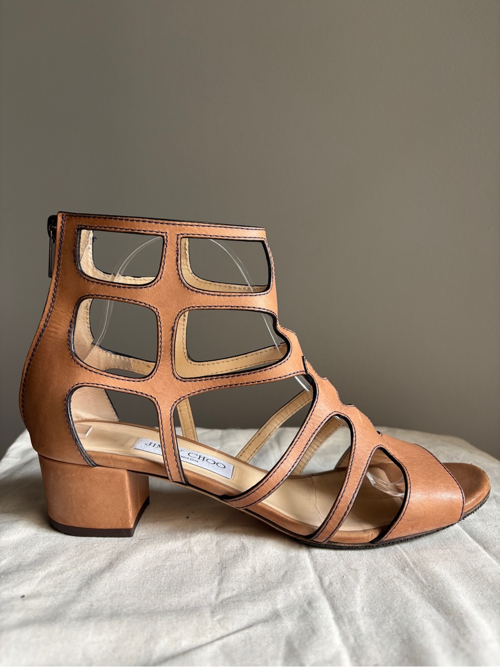 Jimmy Choo Ren 35 Gladiator Sandals US 10 Leather Cage Block Heel EU 41